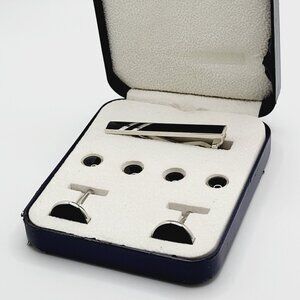 Men's Tie Bar Button & Cufflinks Set Silver Tone & Black Enamel in box
